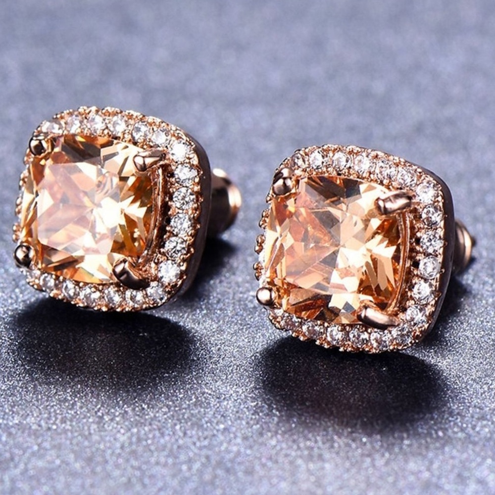 18k Rose Gold Filled Champagne Topaz Stud Earrings - Picture 3 of 8